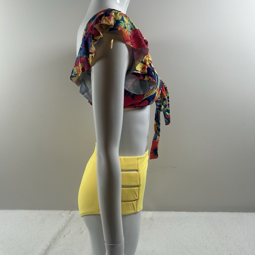 Bikini Set Womens Small Multicolor Floral Ruffle Top High Waist Yellow Bottom - Picture 11 of 16